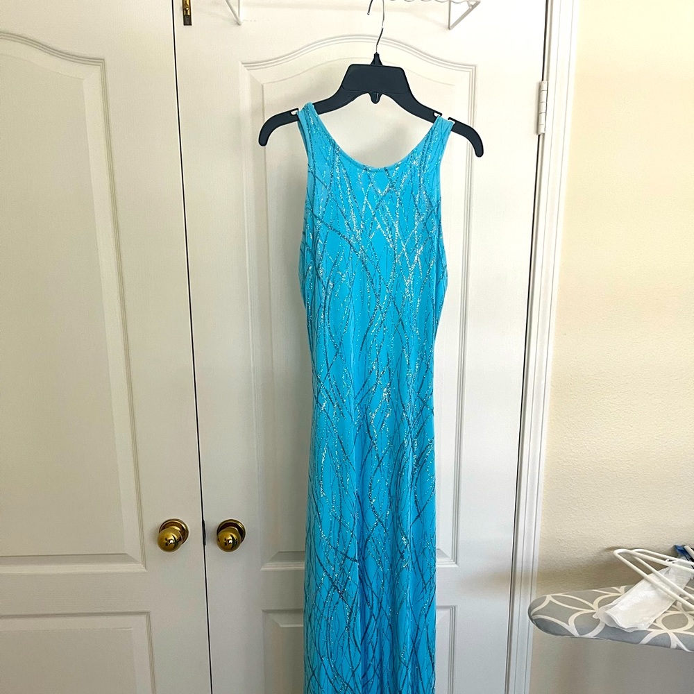 Cache evening dress with small opening in the back.